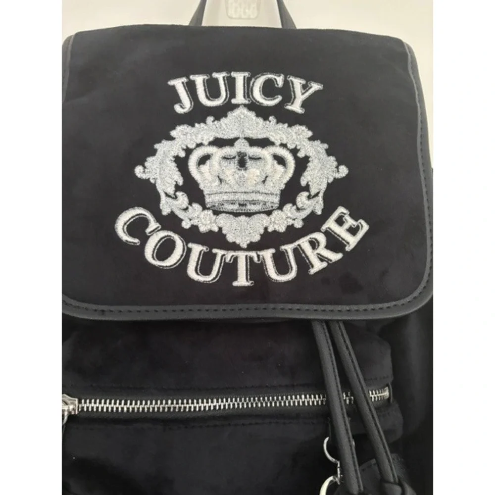 Juicy Couture Black Velour Backpack Silver Crown Logo Heart Charm Y2K Style